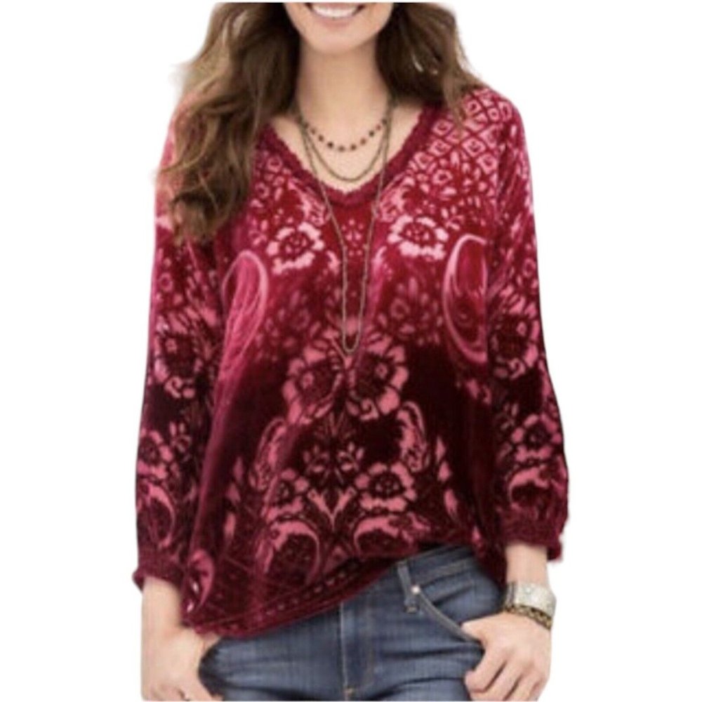 Sundance Womens PM Red Floral Velvet Burnout Sentimental Mood Silk Blend Blouse